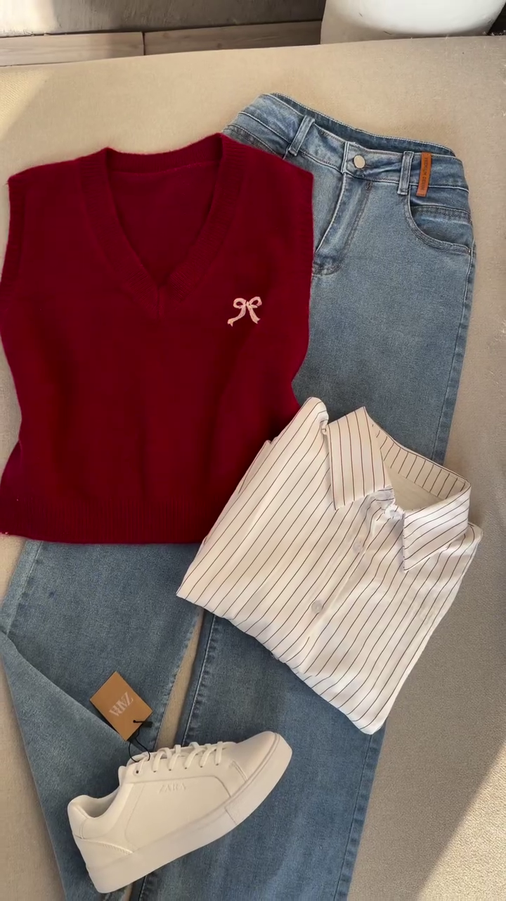 Women’s Red Solid V-Neck Sweater Vest with Bow Embroidery – Chic Layered Style