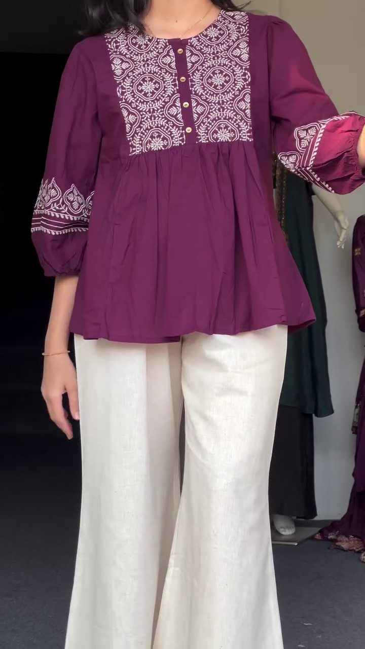 Fit & Flare Balloon Sleeve Embroidered Tunic – Feminine Charm with Modern Flair