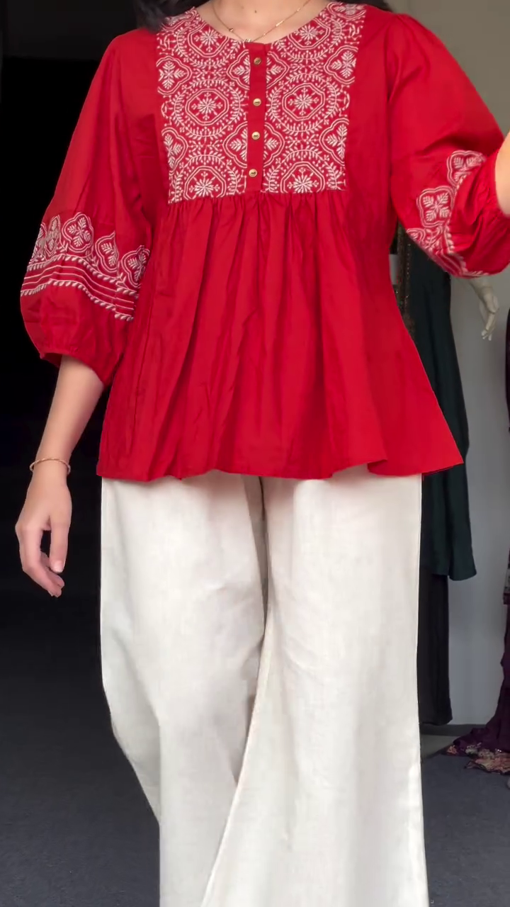 Fit & Flare Balloon Sleeve Embroidered Tunic – Feminine Charm with Modern Flair
