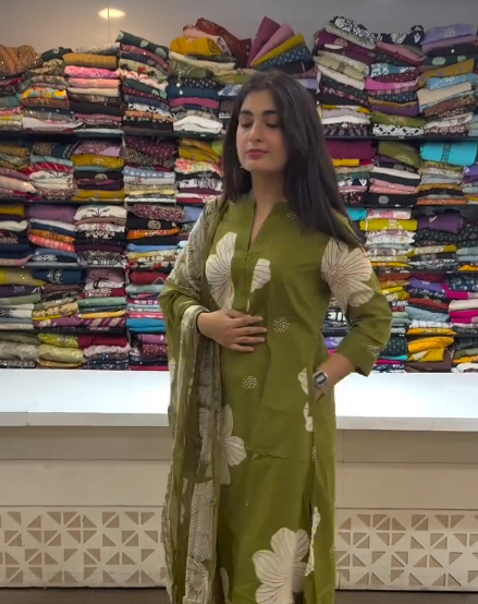 🌿 Olive Blossom: Floral Printed Kurta Set with Dupatta