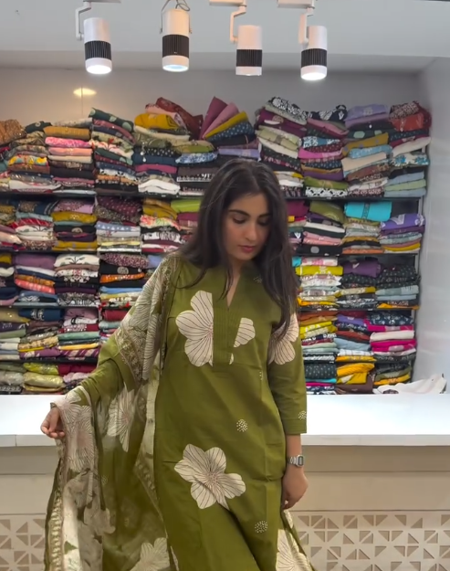 🌿 Olive Blossom: Floral Printed Kurta Set with Dupatta