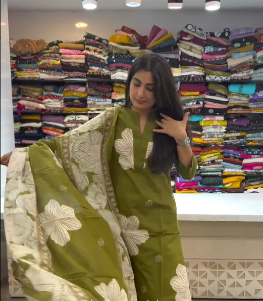 🌿 Olive Blossom: Floral Printed Kurta Set with Dupatta