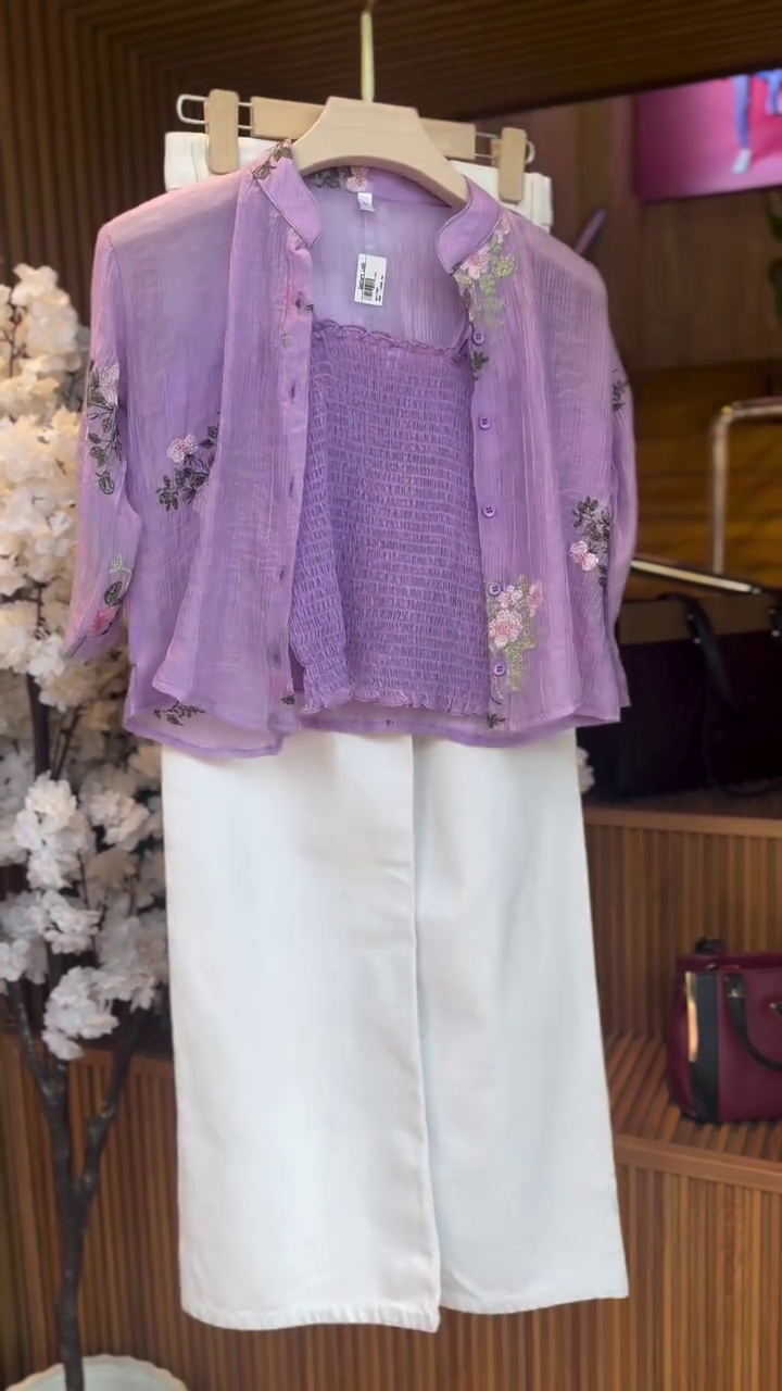Elegant Lavender Embroidered Layered Top with White Wide-Leg Pants