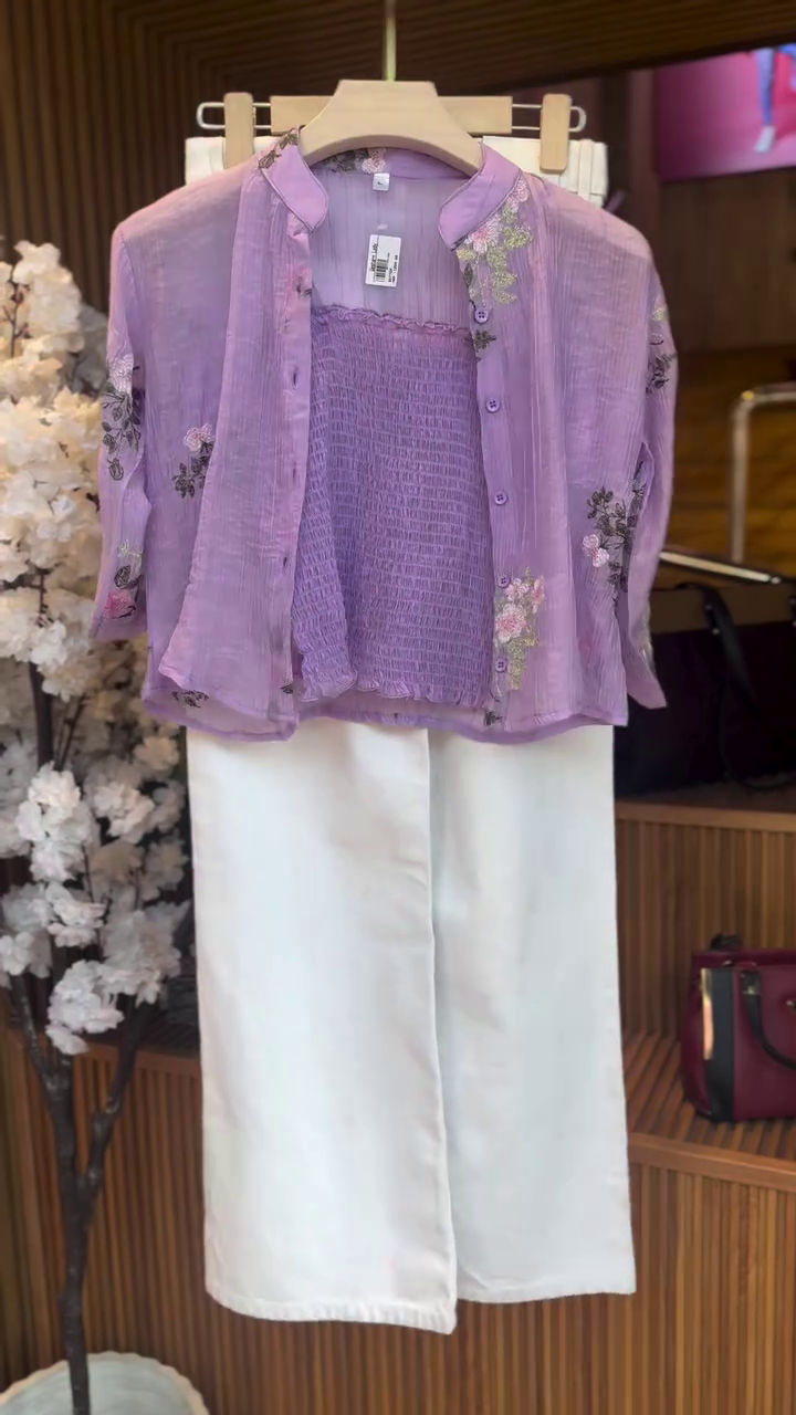 Elegant Lavender Embroidered Layered Top with White Wide-Leg Pants