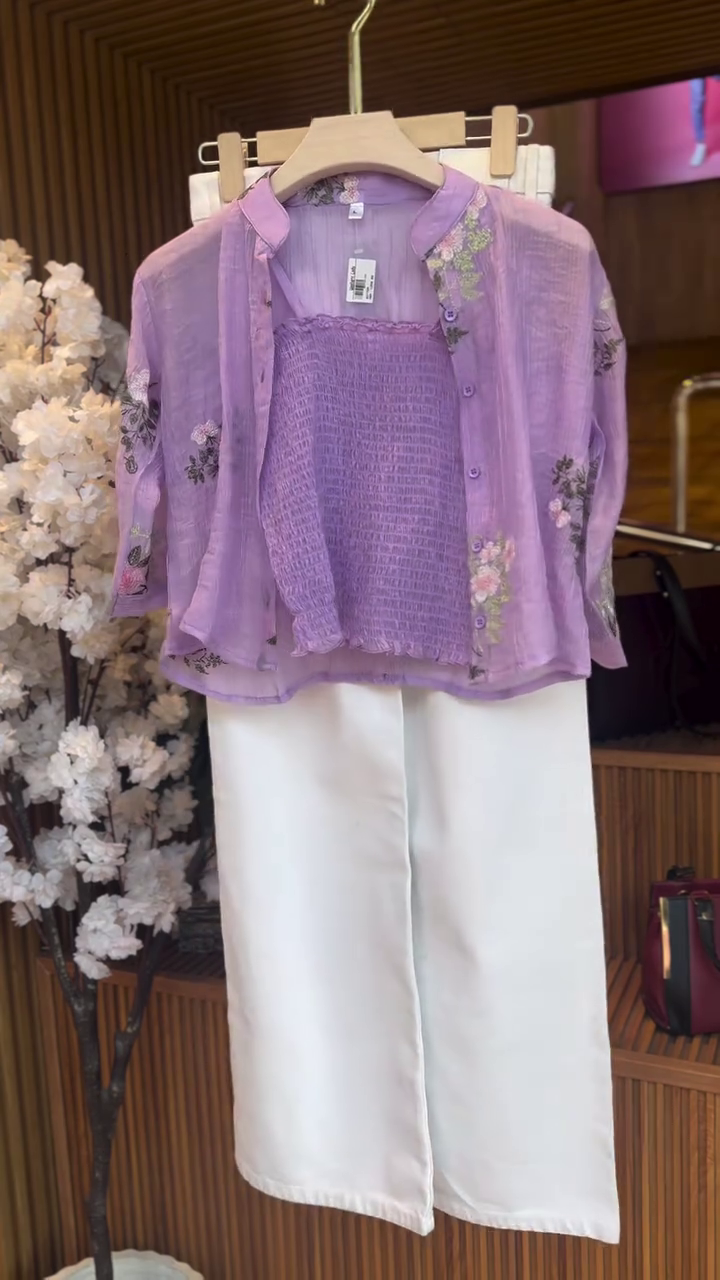 Elegant Lavender Embroidered Layered Top with White Wide-Leg Pants