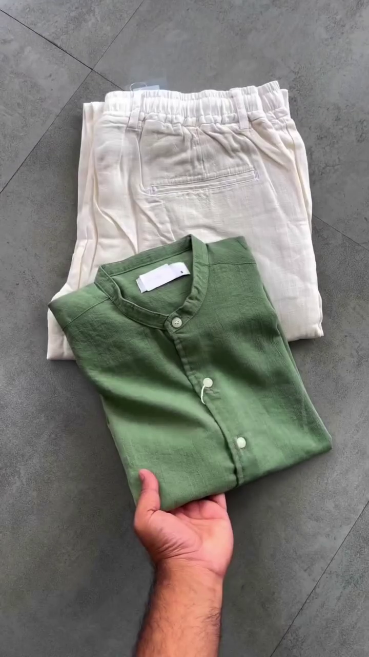 Minimal Sage Green Linen Shirt with Classic Off-White Trousers – Effortless Smart Casual Style