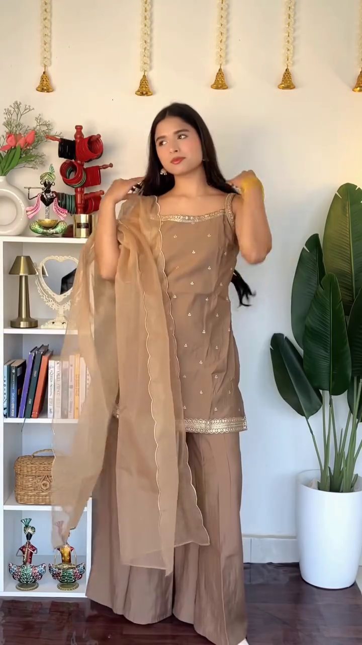 Elegant Brown Viscose Chanderi Straight Kurta Set with Palazzo & Dupatta – Timeless Comfort Meets Ethnic Grace