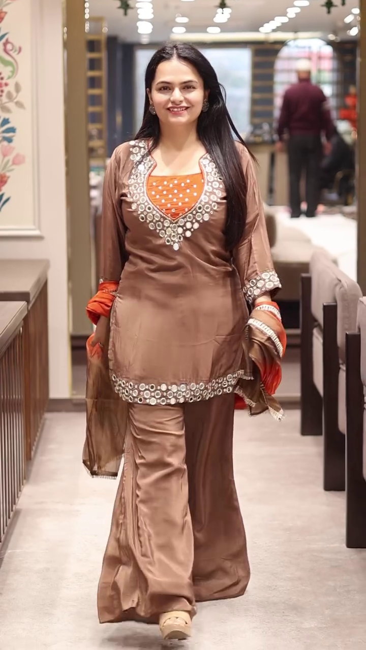 Dark Peach Shimmer Silk Palazzo Suit with Sequins, Zardosi & Bead Hand Embroidery – Luxe Festive Elegance