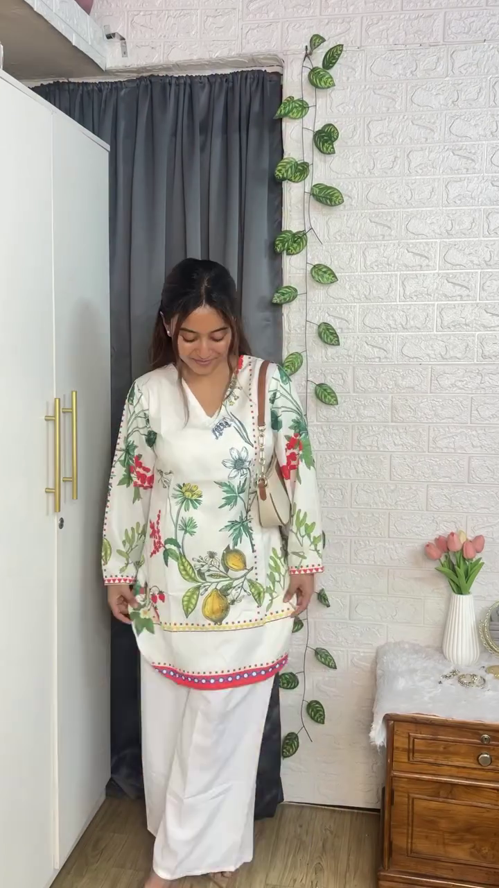 Step Out in Style with the White Floral Printed Rayon Co-ord Set – Effortless Elegance for Every Occasion