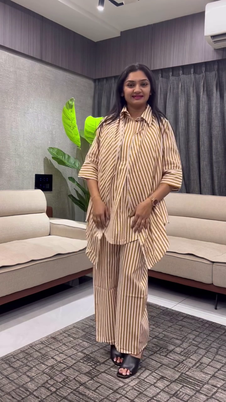 Step Into Effortless Chic with the Striped Collar Embroidered Cotton Co-ord – Stylish, Comfortable, and Contemporary
