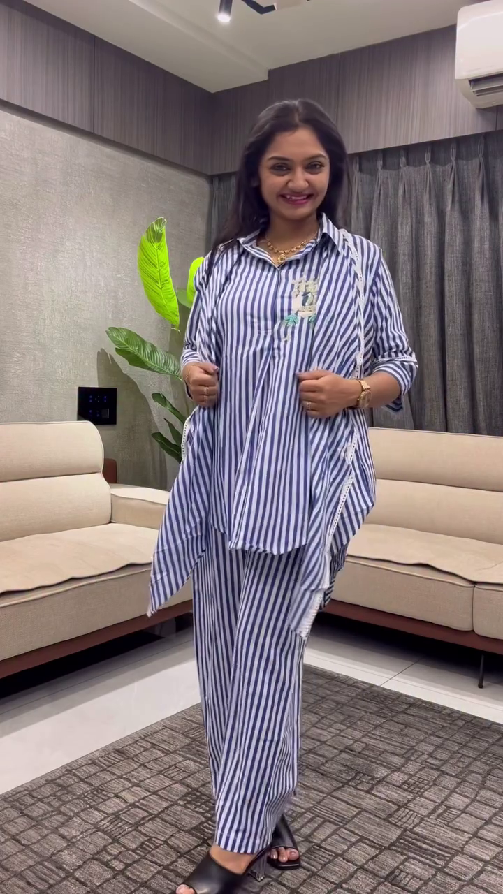 Step Into Effortless Chic with the Striped Collar Embroidered Cotton Co-ord – Stylish, Comfortable, and Contemporary