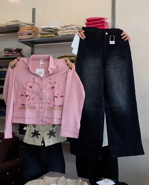 Chic & Effortless: Black High-Rise Wide-Leg Jeans with Light Blue Denim Jacket – Modern Street Style Perfected