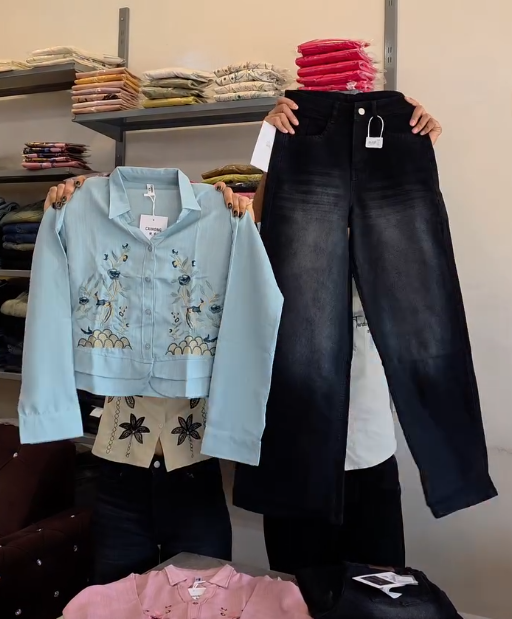 Chic & Effortless: Black High-Rise Wide-Leg Jeans with Light Blue Denim Jacket – Modern Street Style Perfected