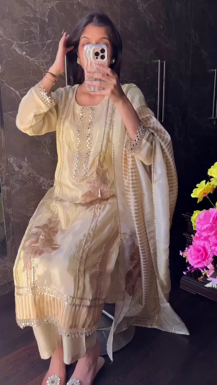 Exude Timeless Elegance with the Premium Ivory Gold Tissue Suit Set – Perfect for Weddings & Festive Occasions