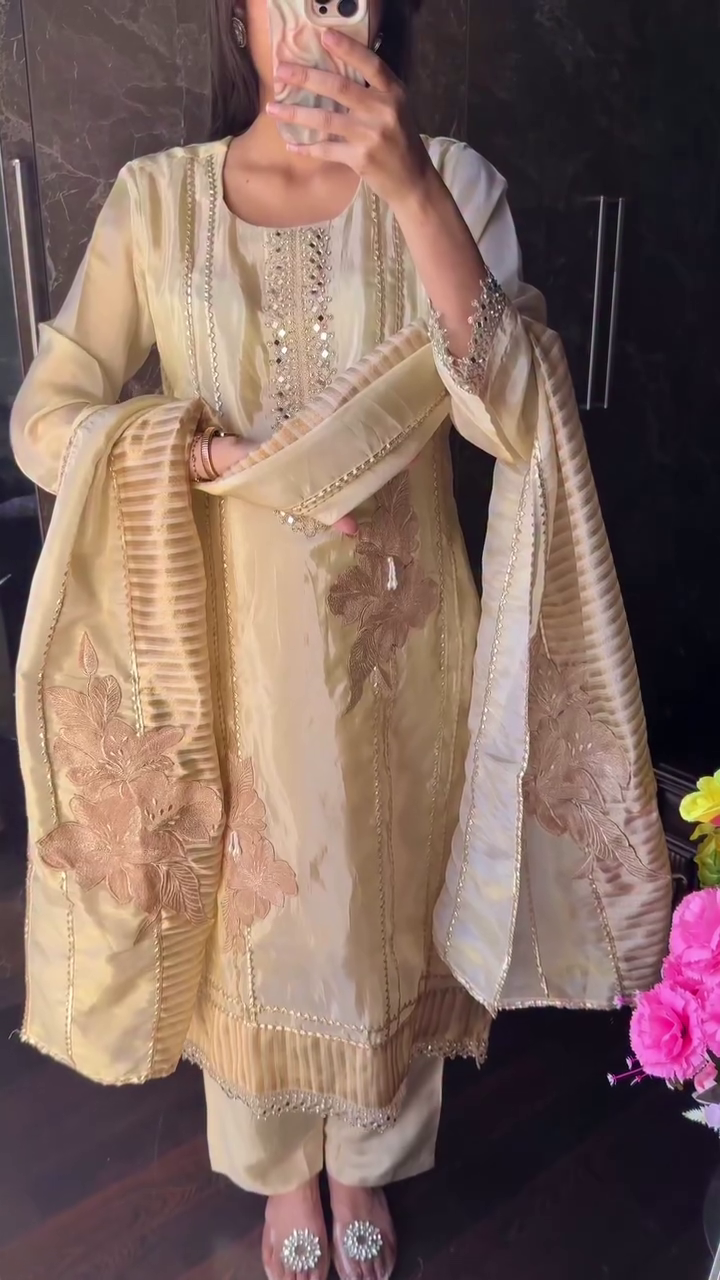 Exude Timeless Elegance with the Premium Ivory Gold Tissue Suit Set – Perfect for Weddings & Festive Occasions