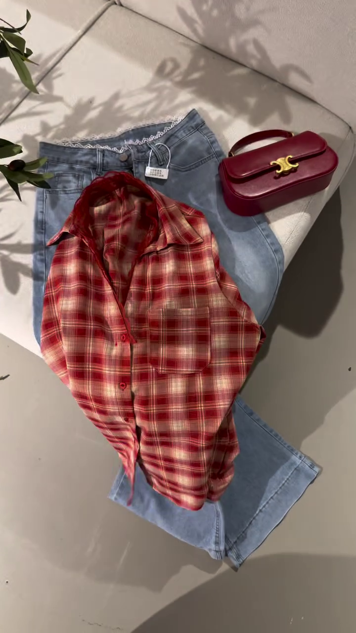 Effortless Cool: Blue and Black Plaid Shirt with Classic Denim Jeans
