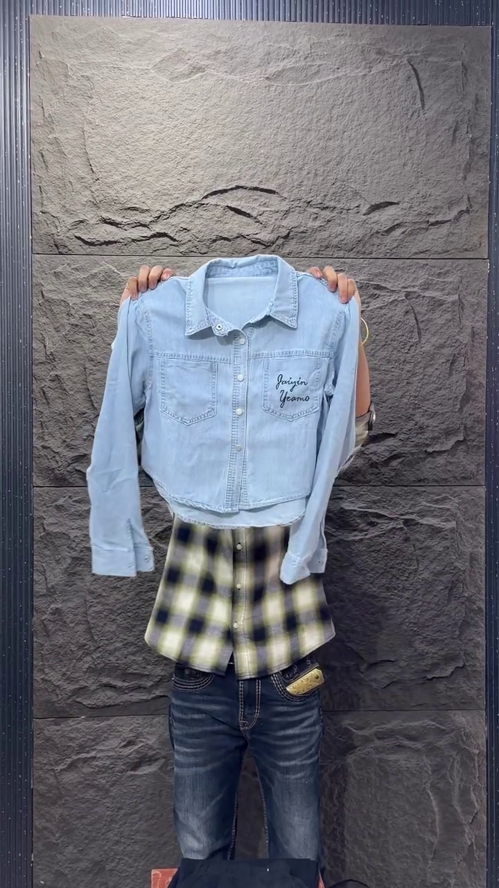 Casual Chic Redefined: Light-Wash Embroidered Denim Shirt with Classic Jeans