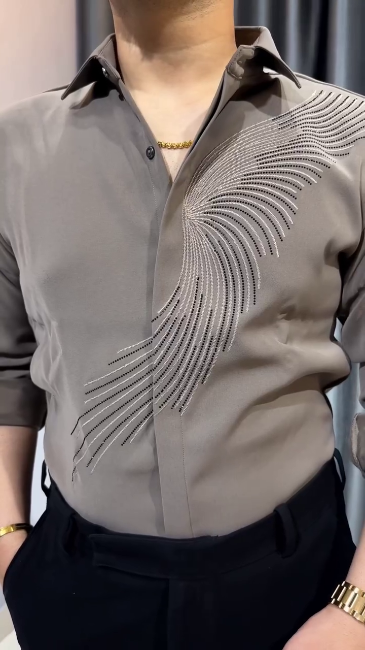 Luxury Redefined: Wine-Colored Satin Shirt with Intricate Cut-Bead Hand Embroidery