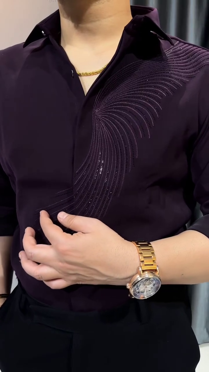 Luxury Redefined: Wine-Colored Satin Shirt with Intricate Cut-Bead Hand Embroidery