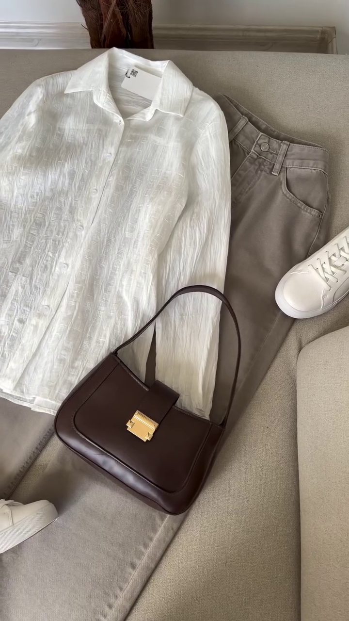 Classic Neutral Combo: White Shirt with Brown Trousers, Shoulder Bag & White Sneakers