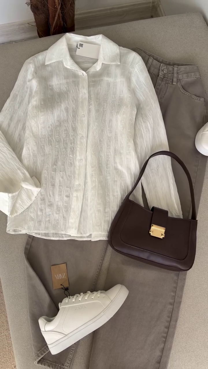 Classic Neutral Combo: White Shirt with Brown Trousers, Shoulder Bag & White Sneakers