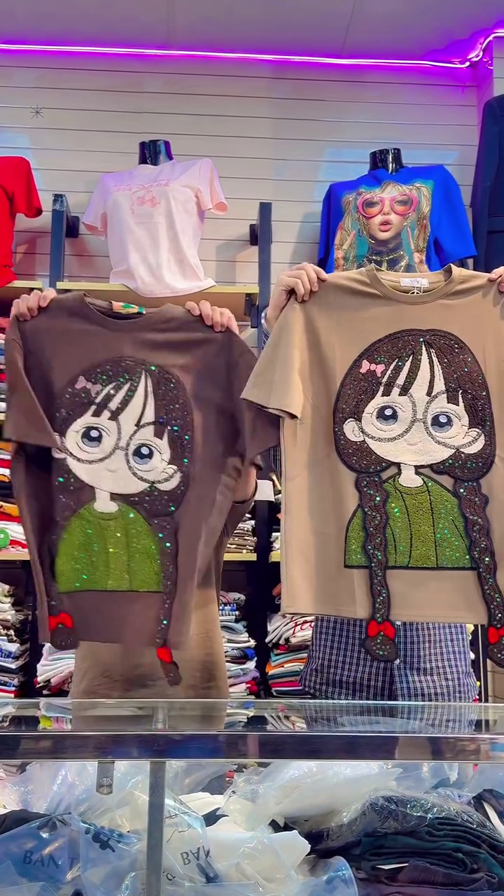 Playful & Trendy: Korean-Style T-Shirts with Embroidered Cartoon Girl Graphics