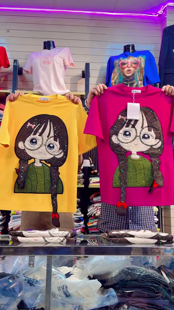 Playful & Trendy: Korean-Style T-Shirts with Embroidered Cartoon Girl Graphics