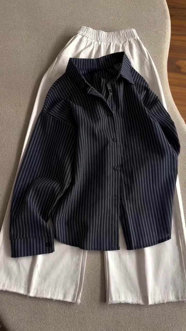 Effortless Chic: Striped Oversized Shirt with White Wide-Leg Trousers