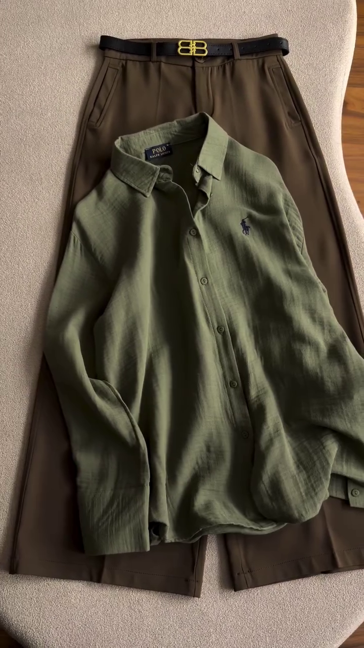 Classic & Refined: Green Linen Shirt by Polo Ralph Lauren with Brown Trousers