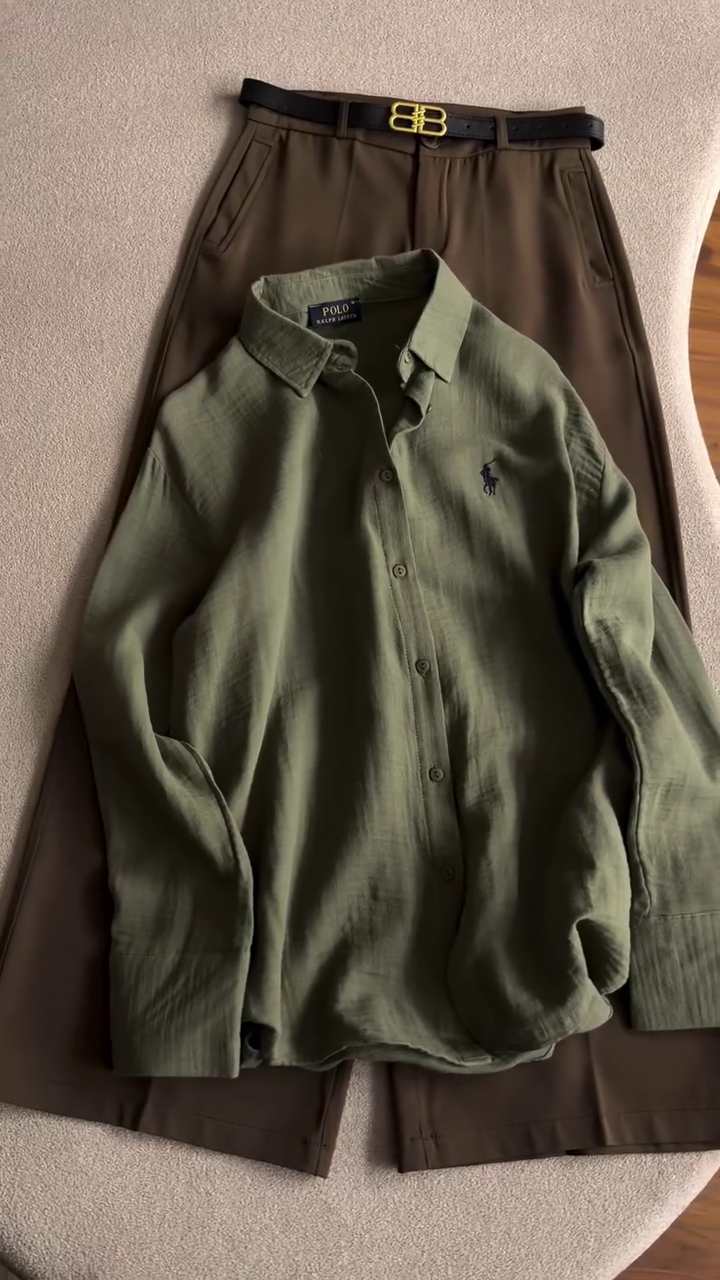 Classic & Refined: Green Linen Shirt by Polo Ralph Lauren with Brown Trousers