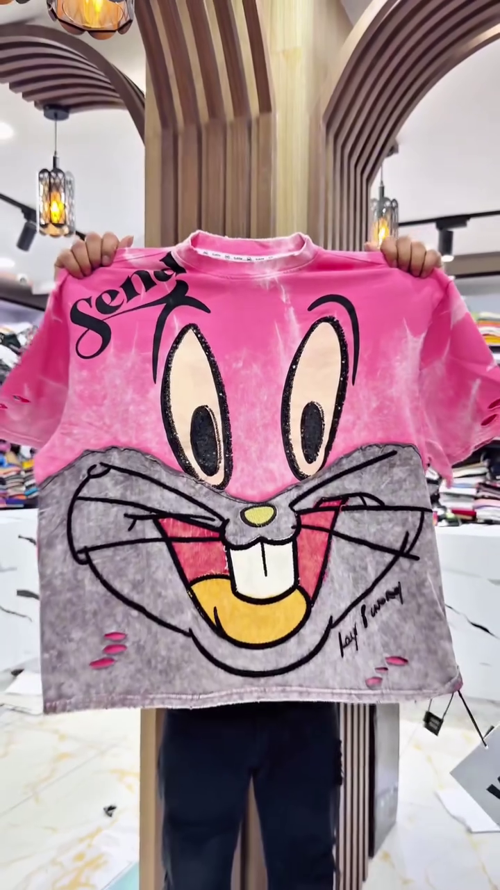 Playful & Trendy: Pink and Grey Tie-Dye T-Shirt Featuring Bugs Bunny