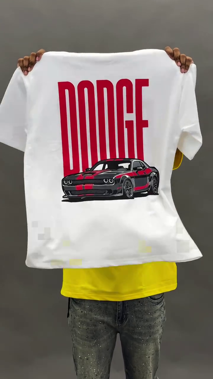 Bold & Casual: White Oversized Crew Neck T-Shirt with “DODGE” Print
