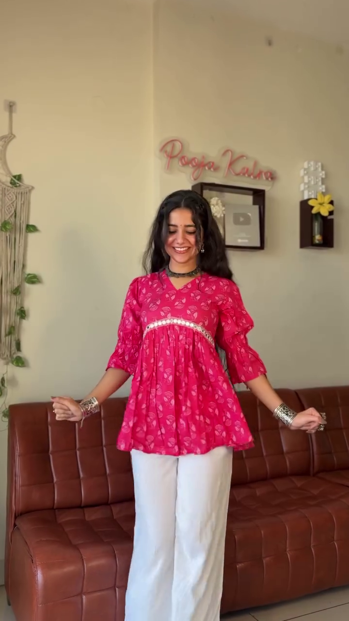 Chic & Contemporary: Green Printed Short Kurti with Shell Belt