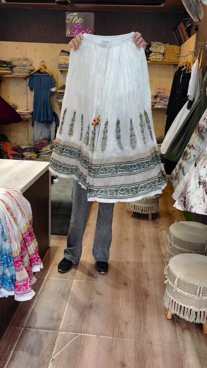 Bohemian Elegance: White Cotton Maxi Skirt with Hand-Block Printed Floral Design