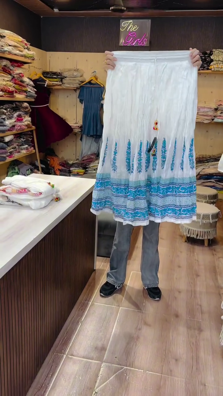 Bohemian Elegance: White Cotton Maxi Skirt with Hand-Block Printed Floral Design