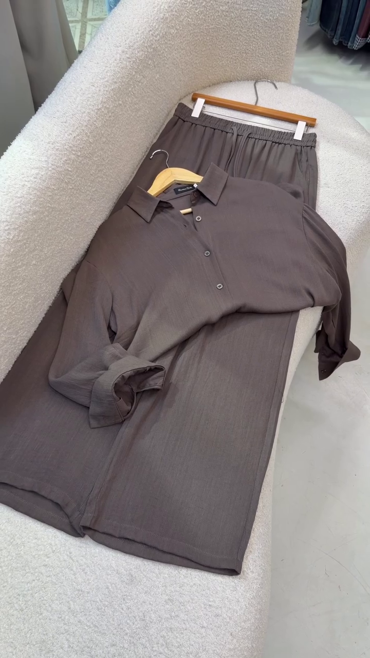 Sophisticated & Coordinated: Dark Brown Co-Ord Set with Button-Down Shirt and Trousers