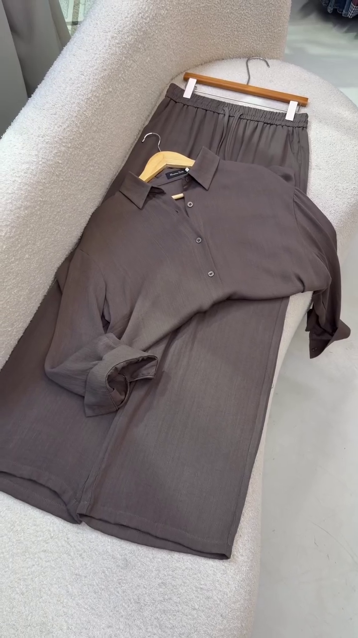 Sophisticated & Coordinated: Dark Brown Co-Ord Set with Button-Down Shirt and Trousers