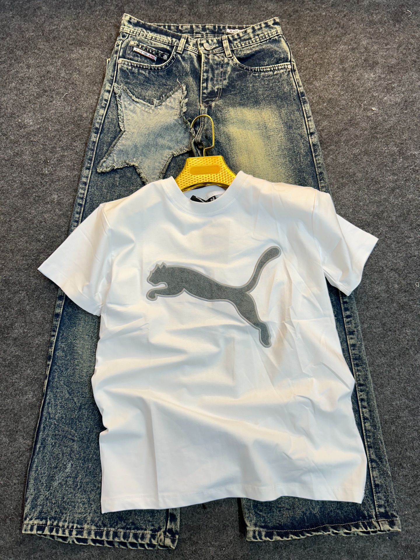 Bold & Casual: Yellow Crew Neck T-Shirt with Iconic Black Cat Logo