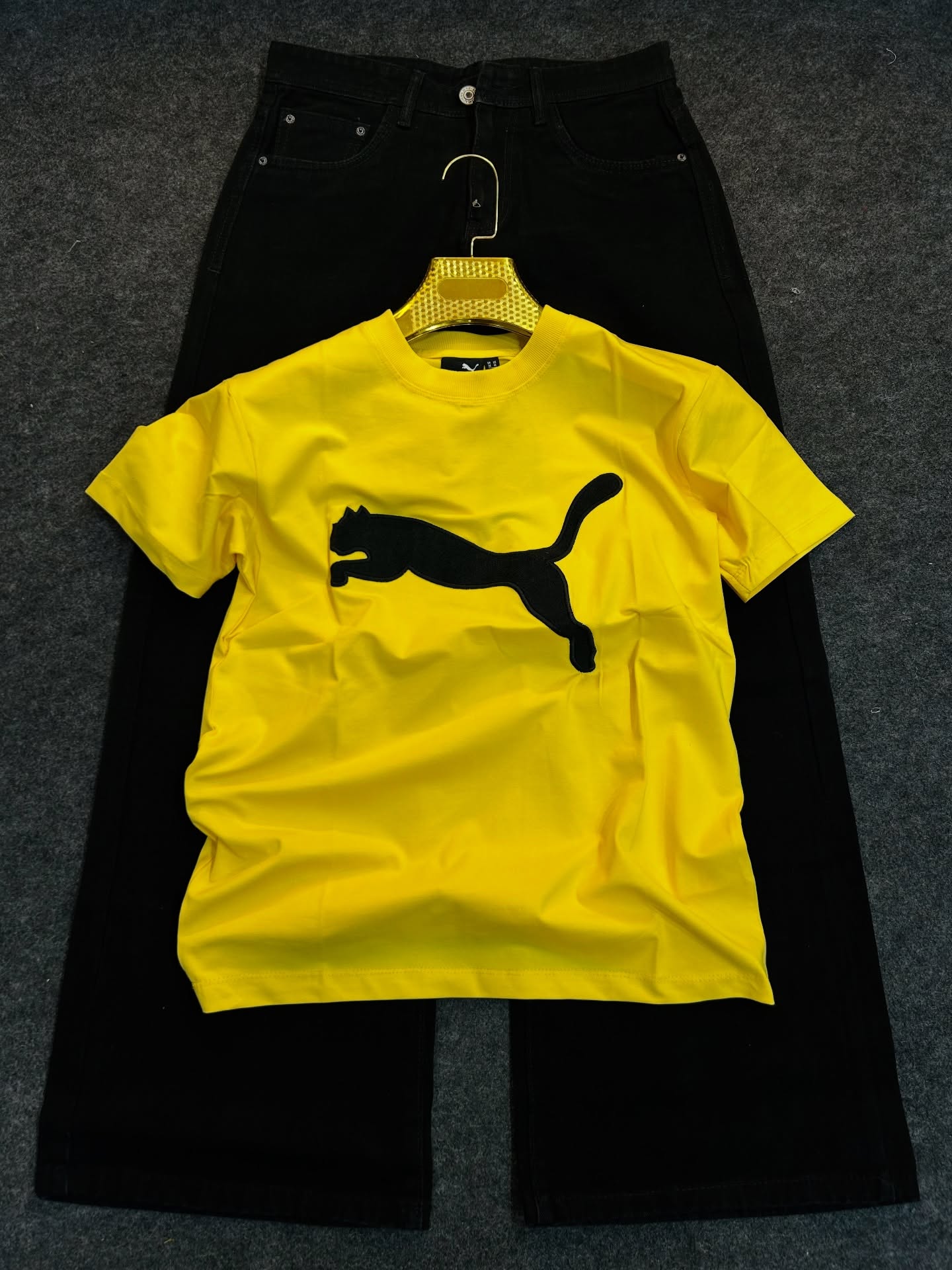 Bold & Casual: Yellow Crew Neck T-Shirt with Iconic Black Cat Logo