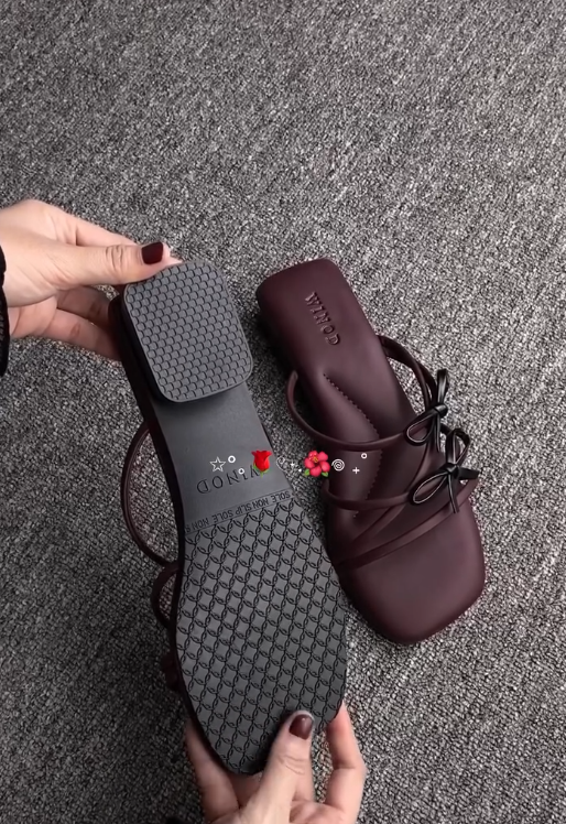 Elegant Maroon Sandals with Square Toe, Ankle Straps & Chic Bow Accents
