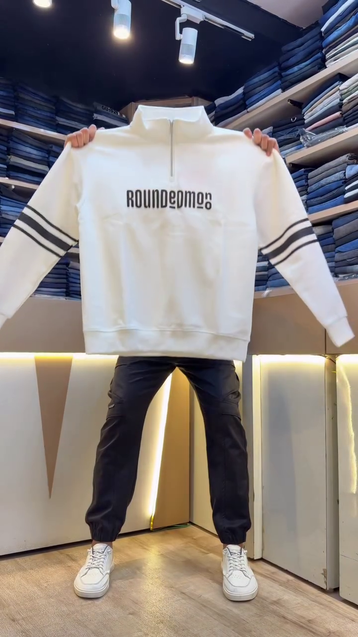 Modern White Half-Zip Sweatshirt with Striped Sleeves & Graphic Chest Print