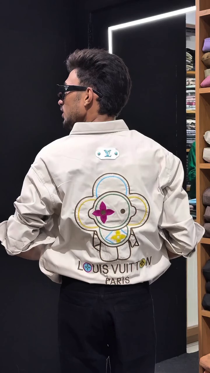 Beige Long-Sleeve Button-Down Shirt with Colorful Embroidered Pocket Logo