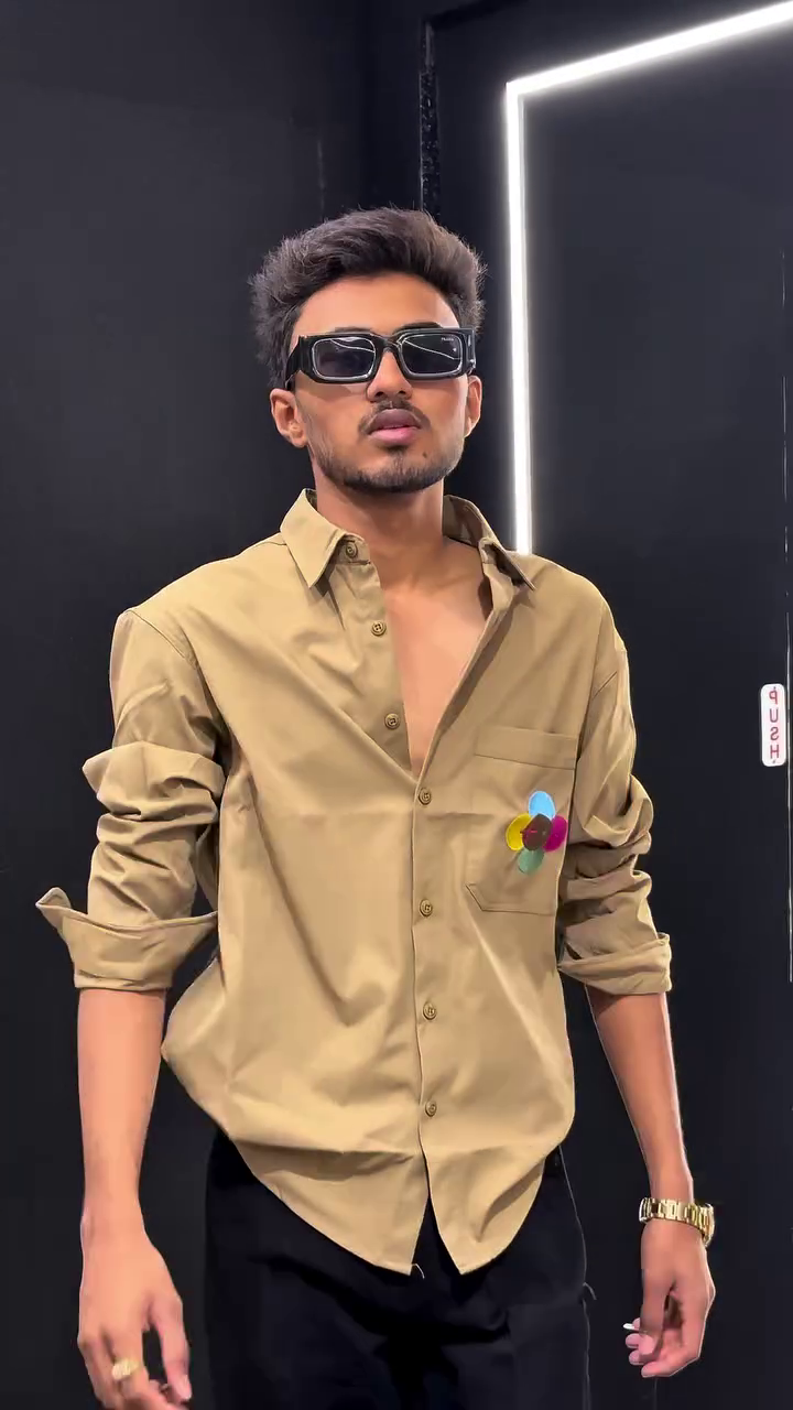 Beige Long-Sleeve Button-Down Shirt with Colorful Embroidered Pocket Logo