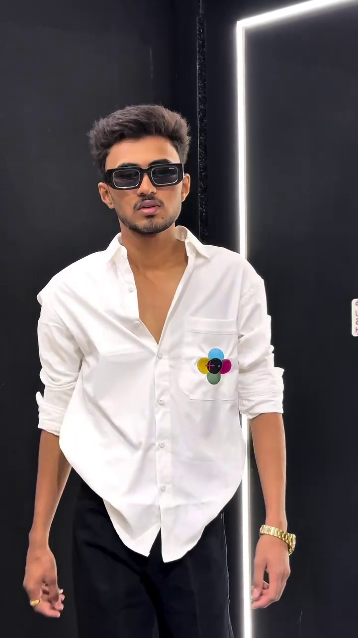 Beige Long-Sleeve Button-Down Shirt with Colorful Embroidered Pocket Logo