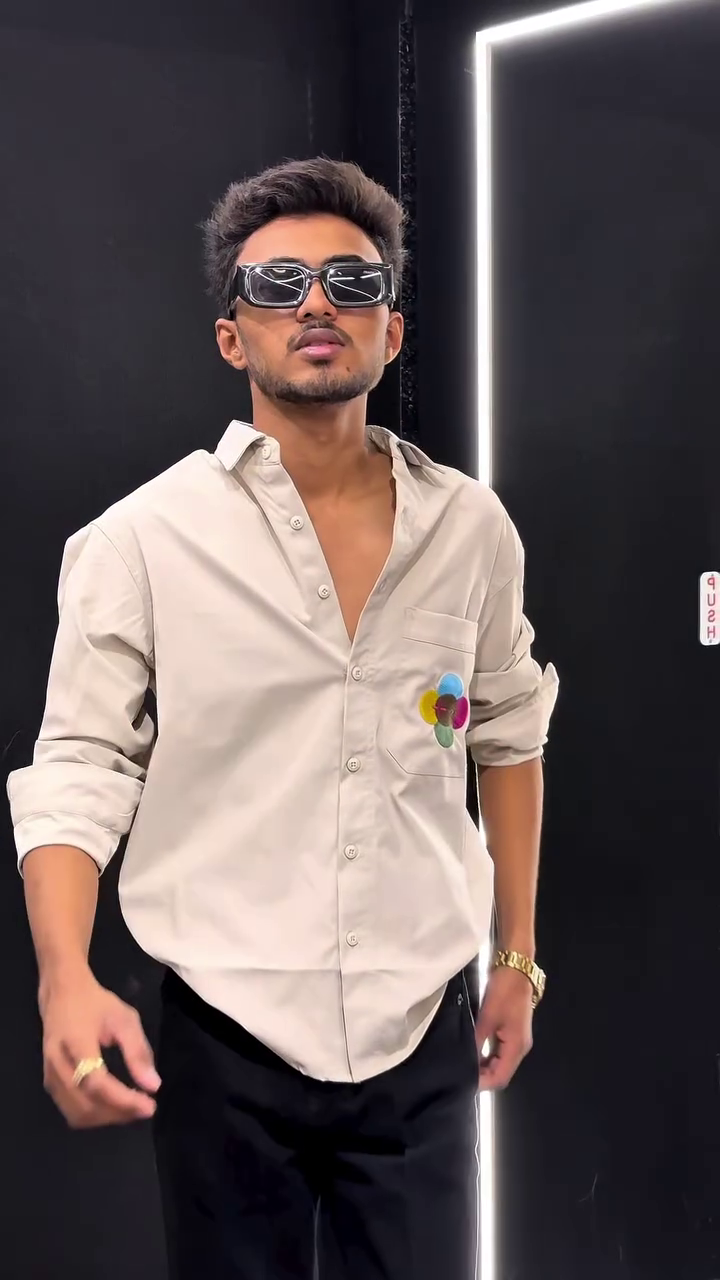 Beige Long-Sleeve Button-Down Shirt with Colorful Embroidered Pocket Logo