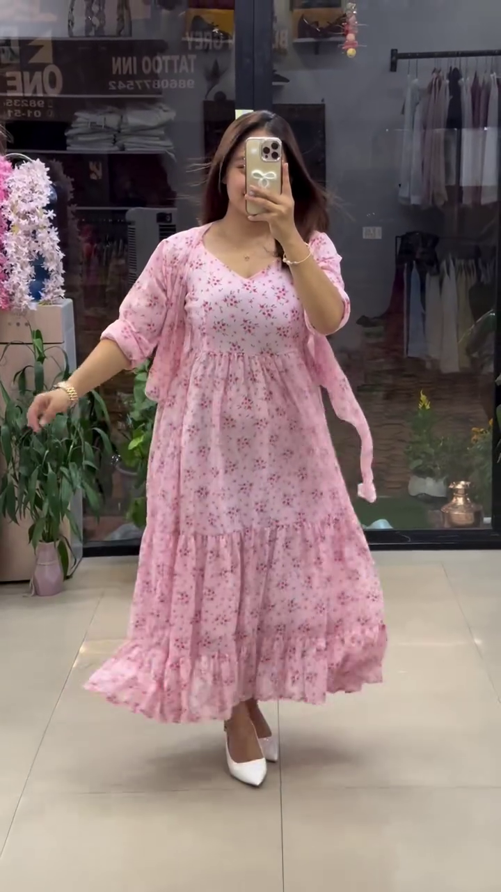 Firana Flared Tiered Georgette Gown with Jacket – Floral Elegance with Layered Charm
