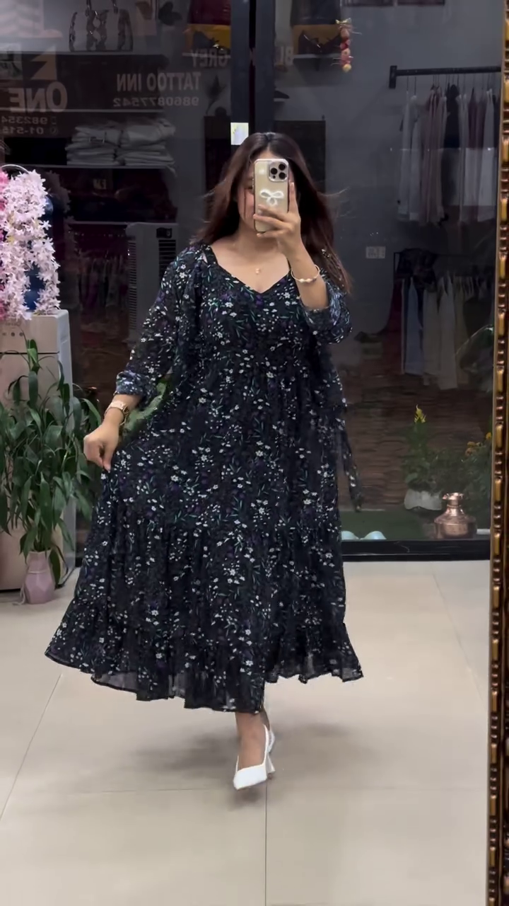 Firana Flared Tiered Georgette Gown with Jacket – Floral Elegance with Layered Charm