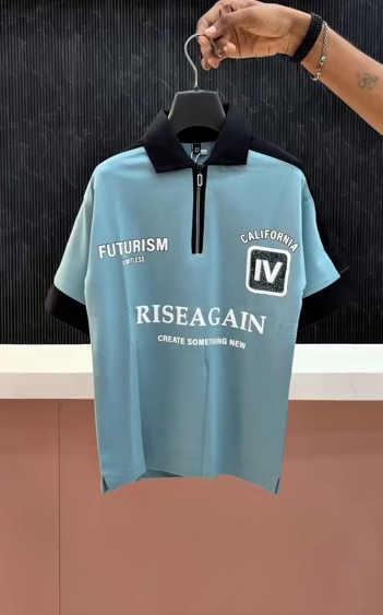 Men’s Polo T-Shirt with Zipper Placket & Graphic – Modern Twist on a Classic Staple