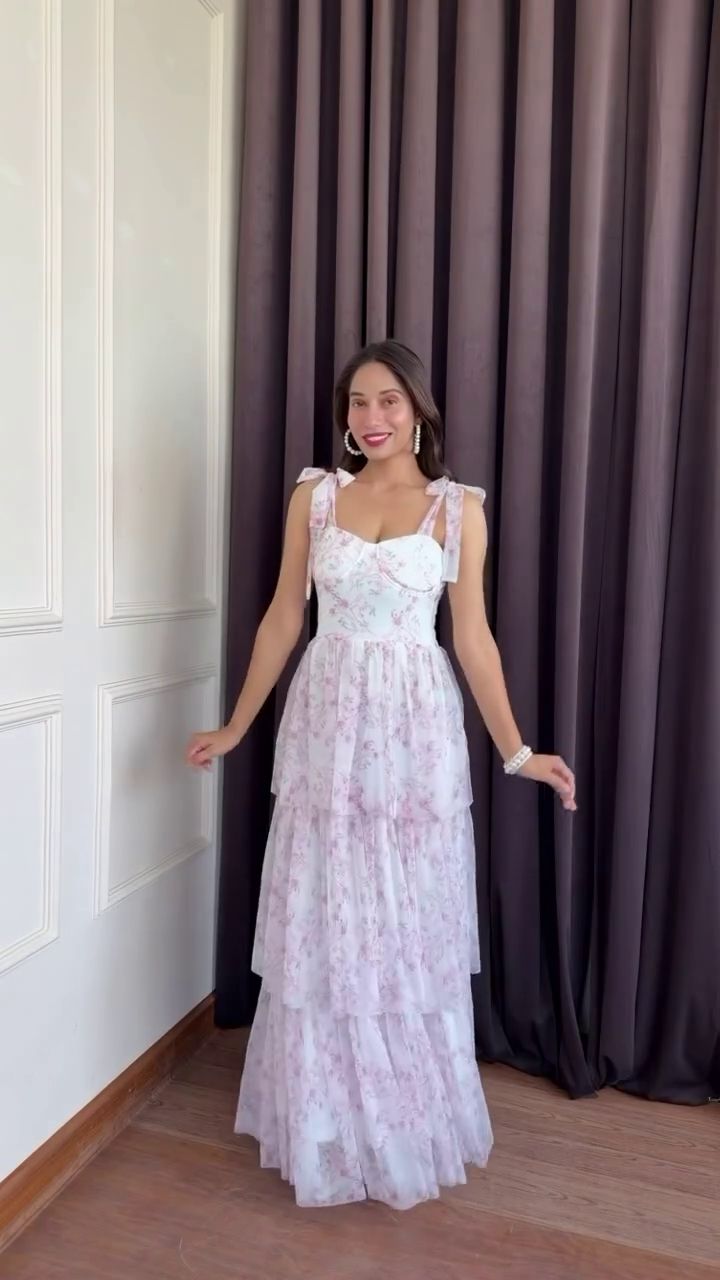 Blush Floral Tie-Strap Bustier Maxi Dress – Romantic Elegance with Effortless Style