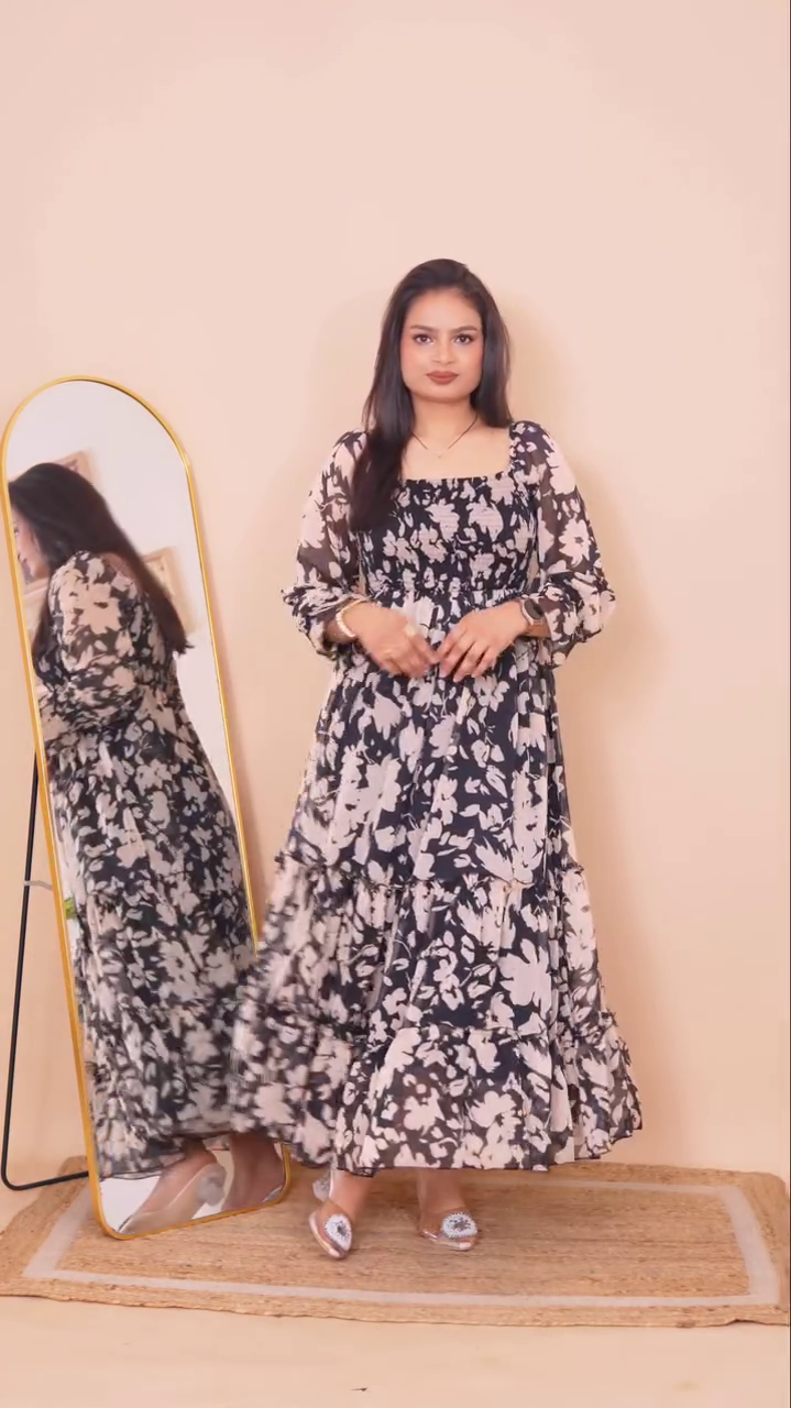 White & Turquoise Floral Printed Tiered Maxi Gown with Puff Sleeves – Elegant, Flowing, and Feminine